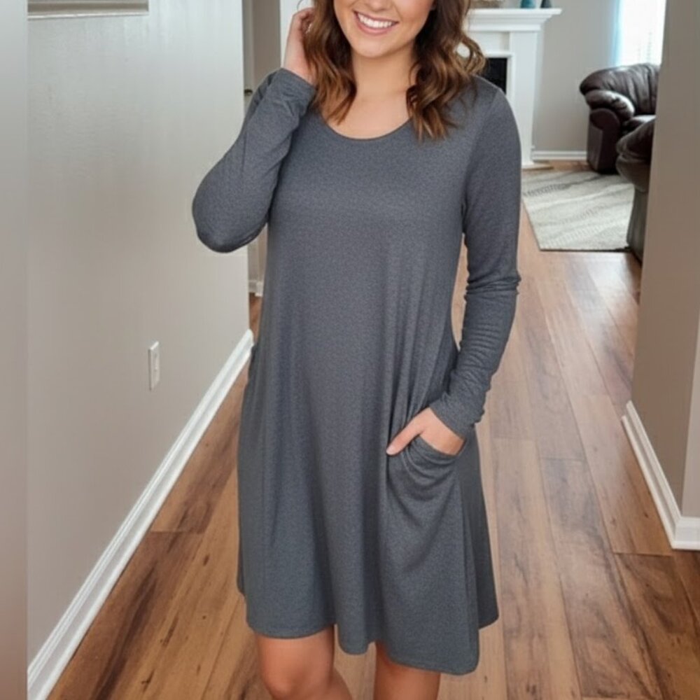 Loft NWT Lounge long sleeve dusty blue A line Soft cozy dress W/pockets, sz M